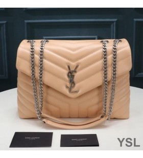 Yves Saint Laurent Medium Loulou Chain Bag In Y Matelasse Leather Apricot/Silver