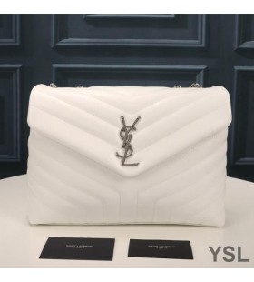 Yves Saint Laurent Medium Loulou Chain Bag In Y Matelasse Leather White/Silver