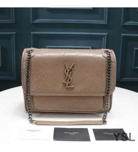 Yves Saint Laurent Medium Niki Chain Bag In Crinkled And Quilted Leather Apricot/Silver