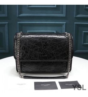 Yves Saint Laurent Medium Niki Chain Bag In Crinkled And Quilted Leather Black/Silver