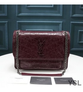 Yves Saint Laurent Medium Niki Chain Bag In Crinkled And Quilted Leather Burgundy/Silver