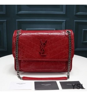 Yves Saint Laurent Medium Niki Chain Bag In Crinkled And Quilted Leather Red/Silver
