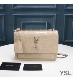 Yves Saint Laurent Medium Sunset Chain Bag In Crocodile Embossed Leather Apricot/Silver