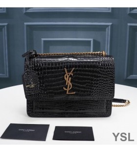 Yves Saint Laurent Medium Sunset Chain Bag In Crocodile Embossed Leather Black/Gold