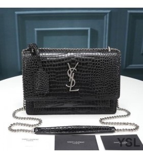 Yves Saint Laurent Medium Sunset Chain Bag In Crocodile Embossed Leather Black/Silver