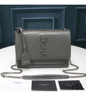 Yves Saint Laurent Medium Sunset Chain Bag In Crocodile Embossed Leather Grey/Silver
