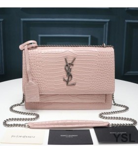 Yves Saint Laurent Medium Sunset Chain Bag In Crocodile Embossed Leather Pink/Silver