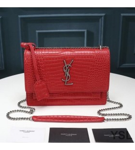Yves Saint Laurent Medium Sunset Chain Bag In Crocodile Embossed Leather Red/Silver
