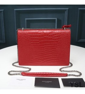 Yves Saint Laurent Medium Sunset Chain Bag In Crocodile Embossed Leather Red/Silver