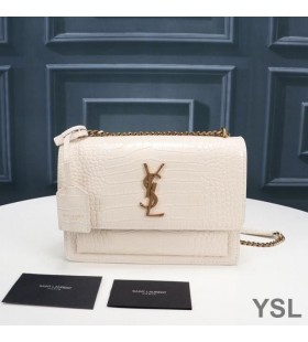 Yves Saint Laurent Medium Sunset Chain Bag In Crocodile Embossed Leather White/Gold