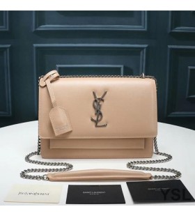 Yves Saint Laurent Medium Sunset Chain Bag In Leather Apricot/Silver