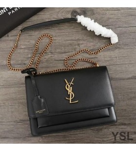 Yves Saint Laurent Medium Sunset Chain Bag In Leather Black/Gold