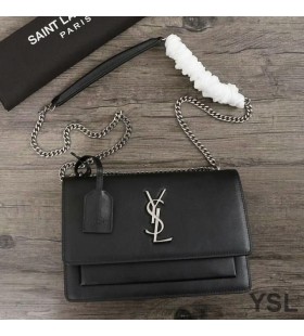 Yves Saint Laurent Medium Sunset Chain Bag In Leather Black/Silver