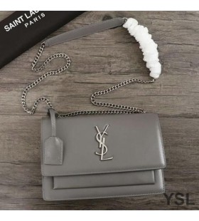 Yves Saint Laurent Medium Sunset Chain Bag In Leather Grey/Silver