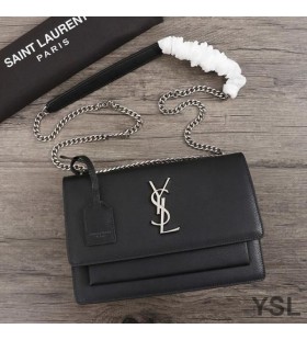 Yves Saint Laurent Medium Sunset Chain Bag In Textured Leather Black/Silver