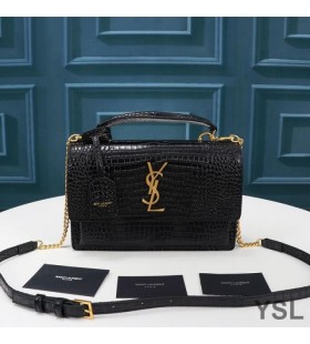 Yves Saint Laurent Medium Sunset Satchel In Crocodile-Embossed Shiny Leather Black/Gold