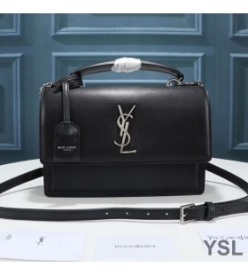 Yves Saint Laurent Medium Sunset Satchel In Smooth Leather Black/Silver