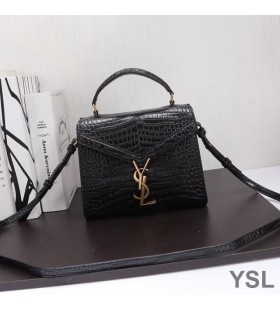 Yves Saint Laurent Mini Cassandra Top Handle Bag In Crocodile Embossed Leather Black/Gold