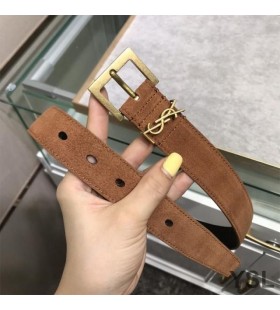 Yves Saint Laurent Monogram Belt With Square Buckle In Suede Brown/Gold