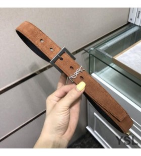 Yves Saint Laurent Monogram Belt With Square Buckle In Suede Brown/Silver