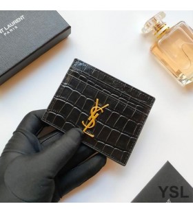 Yves Saint Laurent Monogram Card Case In Crocodile Embossed Leather Black/Gold