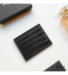 Yves Saint Laurent Monogram Card Case In Crocodile Embossed Leather Black/Gold