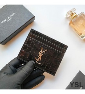 Yves Saint Laurent Monogram Card Case In Crocodile Embossed Leather Black/Silver