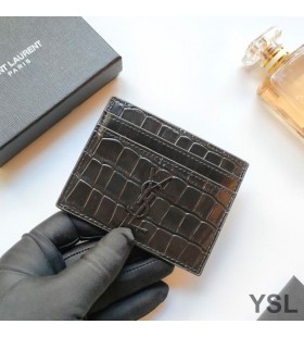 Yves Saint Laurent Monogram Card Case In Crocodile Embossed Leather Black