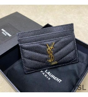 Yves Saint Laurent Monogram Card Case In Grained Matelasse Leather Black/Gold