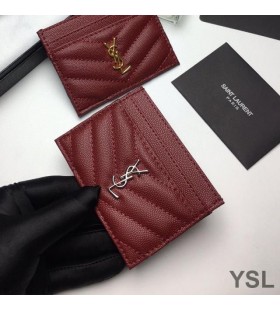 Yves Saint Laurent Monogram Card Case In Grained Matelasse Leather Burgundy/Silver