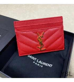 Yves Saint Laurent Monogram Card Case In Grained Matelasse Leather Red/Gold