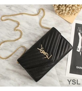 Yves Saint Laurent Monogram Chain Wallet In Grained Matelasse Leather Black/Gold
