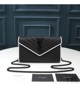 Yves Saint Laurent Monogram Chain Wallet In Grained Matelasse Leather Black/White