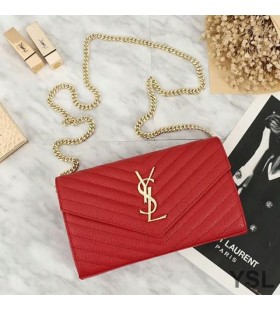 Yves Saint Laurent Monogram Chain Wallet In Grained Matelasse Leather Red/Gold