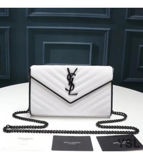Yves Saint Laurent Monogram Chain Wallet In Grained Matelasse Leather White/Black
