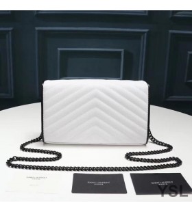 Yves Saint Laurent Monogram Chain Wallet In Grained Matelasse Leather White/Black