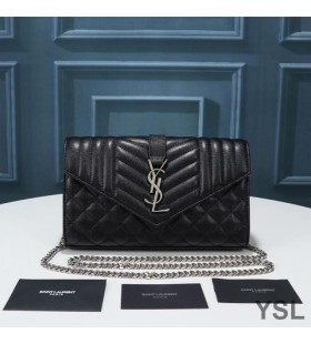 Yves Saint Laurent Monogram Chain Wallet In Mixed Grained Matelasse Leather Black/Silver