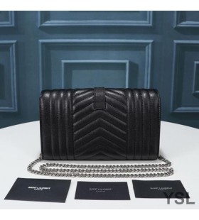 Yves Saint Laurent Monogram Chain Wallet In Mixed Grained Matelasse Leather Black/Silver