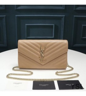 Yves Saint Laurent Monogram Chain Wallet In Textured Matelasse Leather Apricot/Gold