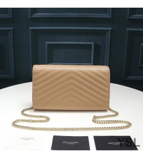 Yves Saint Laurent Monogram Chain Wallet In Textured Matelasse Leather Apricot/Gold