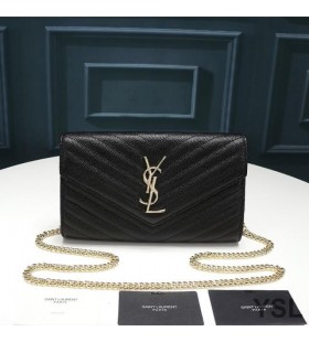 Yves Saint Laurent Monogram Chain Wallet In Textured Matelasse Leather Black/Gold
