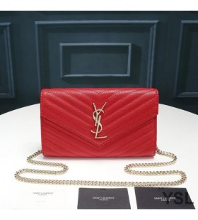 Yves Saint Laurent Monogram Chain Wallet In Textured Matelasse Leather Red/Gold