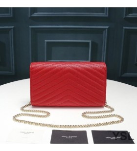 Yves Saint Laurent Monogram Chain Wallet In Textured Matelasse Leather Red/Gold