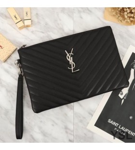 Yves Saint Laurent Monogram Clutch In Matelasse Leather Black/Silver
