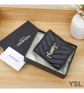 Yves Saint Laurent Monogram Flap Card Case In Grained Matelasse Leather Black/Gold