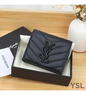 Yves Saint Laurent Monogram Flap Card Case In Grained Matelasse Leather Black