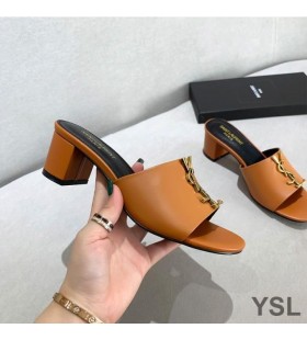 Yves Saint Laurent Monogram Heeled Slides In Calf Leather Brown