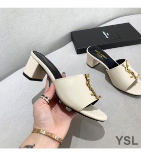 Yves Saint Laurent Monogram Heeled Slides In Calf Leather White