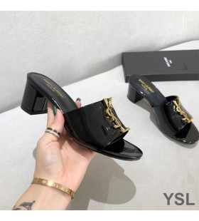 Yves Saint Laurent Monogram Heeled Slides In Patent Leather Black
