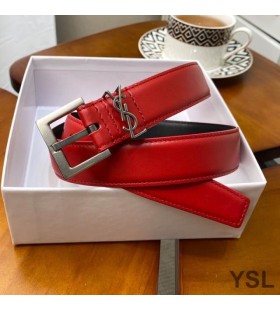 Yves Saint Laurent Monogram Narrow Belt With Square Buckle In Nappa Leather Red/Silver
